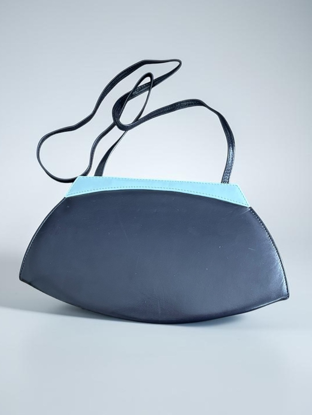 Jacques Vert Vintage Navy Leather Crescent Purse with Powder Blue Trim NWT